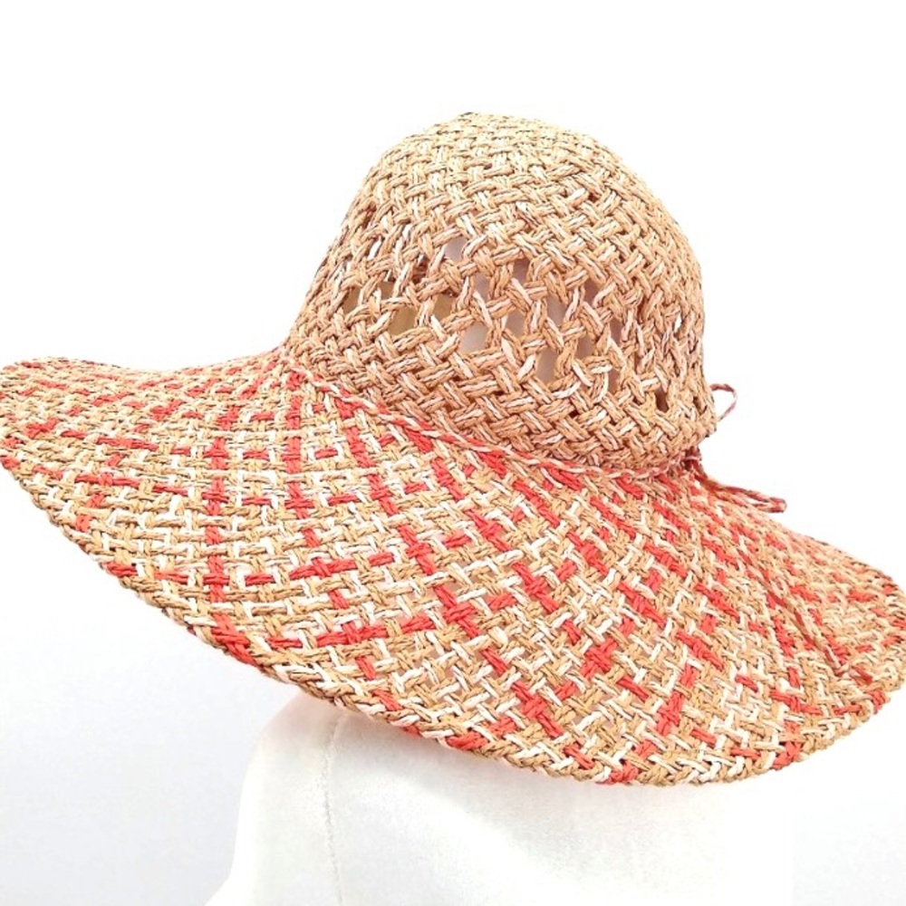 BCBGeneration Coral Wheat Straw Hat Open-Weave Floppy Sun Hat Dainty Adjustable - Picture 4 of 8